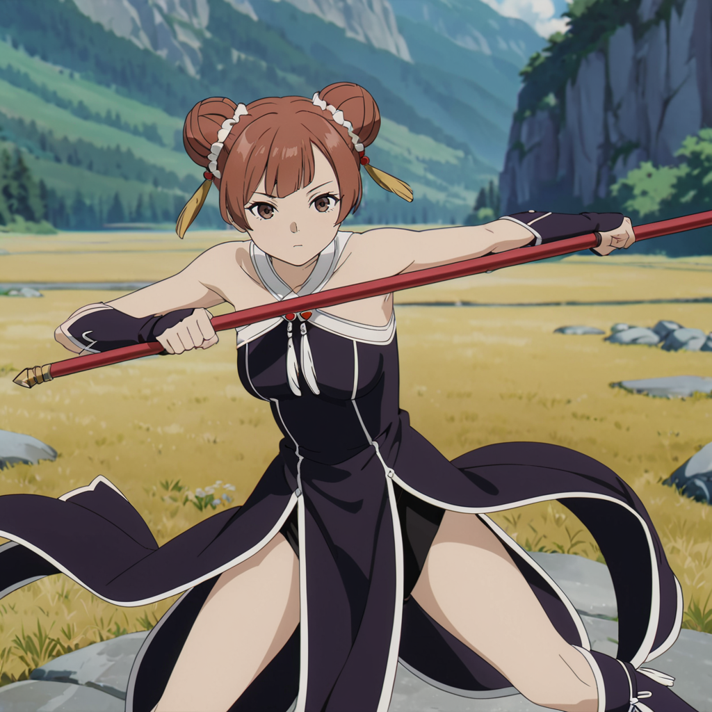<lora:LaufenXL002>,<lora:DetailedEyes_V3:1.6>,
solo,
anime screencap,
Laufen,1girl,brown hair,double bun,brown eyes,hair_ornament,
black dress,bare shoulders,
gloves,
pelvic curtain,
boots,
fighting_stance,holding polearm,nature,