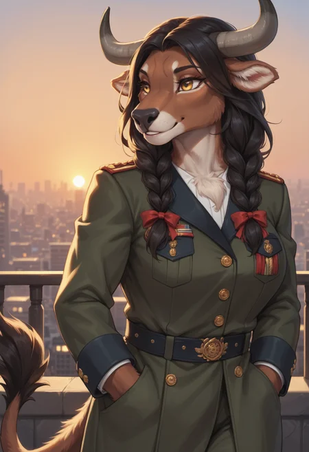 score_9, score_8_up, score_7_up,
source_furry, high quality, perfection, detailed, aesthetic, well-lighted,
outdoors, evening, sunset, golden hour, city, cityscape, city lights,
1girl, solo, upper body,
furry female, anthro, furred body, fluffy fur, beautiful girl, cute girl, adult, mature, beautiful face, beautiful eyes, perfect eyes, detailed eyes,
(buffalo girl:1.1), brown fur, large breasts, strong girl, muscular girl, yellow eyes, black hair, long hair, braids, tail, scars,
military uniform,
soft smile, looking to side, walking, hands in pockets,