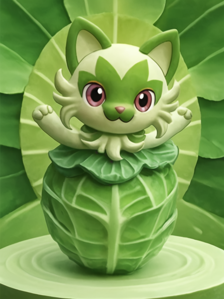 cabbage, cjdl, <lora:VegetableCabbage-PonyP-PAseer:1.0> green, (plant:1.2), (Sprigatito made of cabbage:1.4), elaborate, (cinematic composition, ultra realistic:1.2), (masterpiece:1.1), best quality, intricate, extremely detailed, intricate, detailed background, OverallDetailXL, safe_pos <lora:POKEMON_CATERPIE:0.8> caterpie, pokémon_/(creature/), no humans