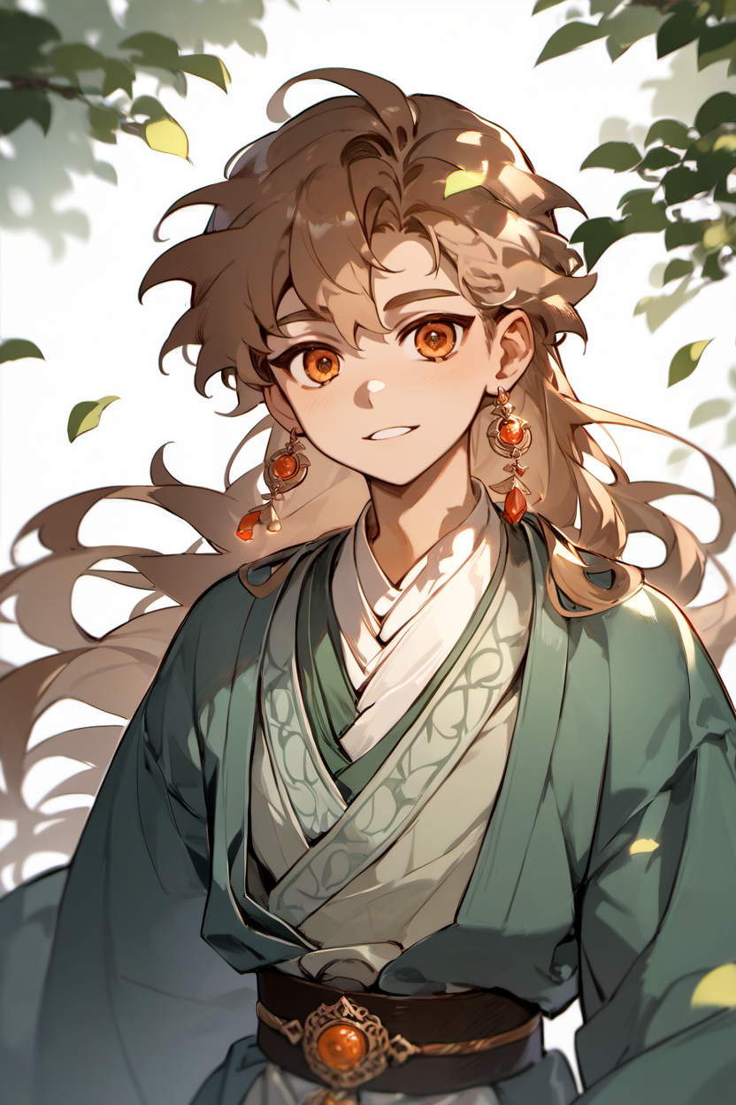 score_9, score_8_up, score_7_up, masterpiece, best quality, 1boy, solo, young boy,  <lora:ShenTafeiPony_V2:1> shentafei, green hanfu, long hair, light brown hair, ginger eyes, earnings, jewelry,  <lora:Momoiiroo:0.8>