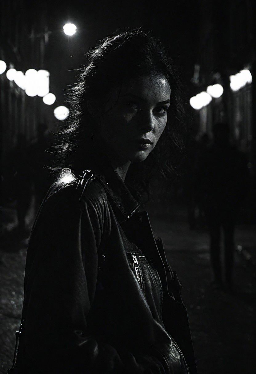 cinematic photo dark photo of a woman with a smirk on her face as she puts a gun in her purse, on a dark city street, <lora:Into_Darkness:1>, 35mm cinematic, film, bokeh,  professional, 4k, highly detailed, 35mm photograph, film, bokeh,  professional, 4k, highly detailed