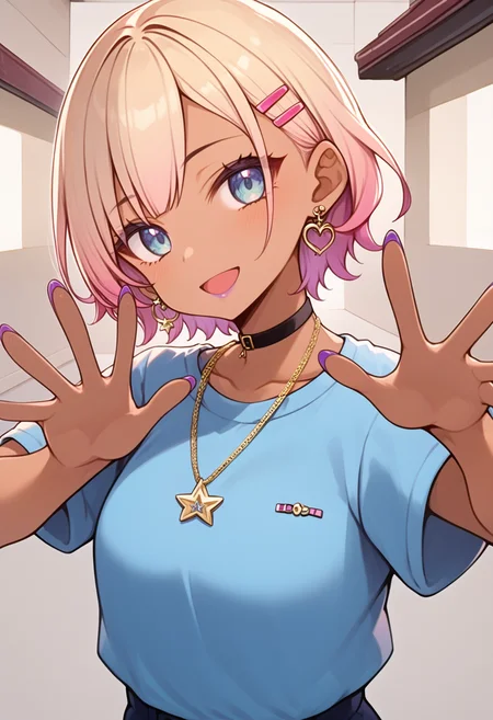 (score_9:0.9),score_8_up,score_7_up,anime style,rating_safe,(zPDXL),<lora:virtual insanity meme ponyXL v2:0.93>, virtual insanity, open hand, outstretched hand, 1girl, jewelry, solo, necklace, blue eyes, gyaru, short hair, choker, blonde hair, shirt, looking at viewer, earrings, purple nails, hair ornament, smile, hairclip, dark skin, dark-skinned female, open mouth, makeup, blue shirt, nail polish, multicolored hair, lipstick, pink hair, star (symbol), black choker, upper body, short sleeves, gradient hair, bangs, reaching towards viewer, breasts, virtual youtuber, t-shirt, heart, collarbone, kogal, :d, purple lips