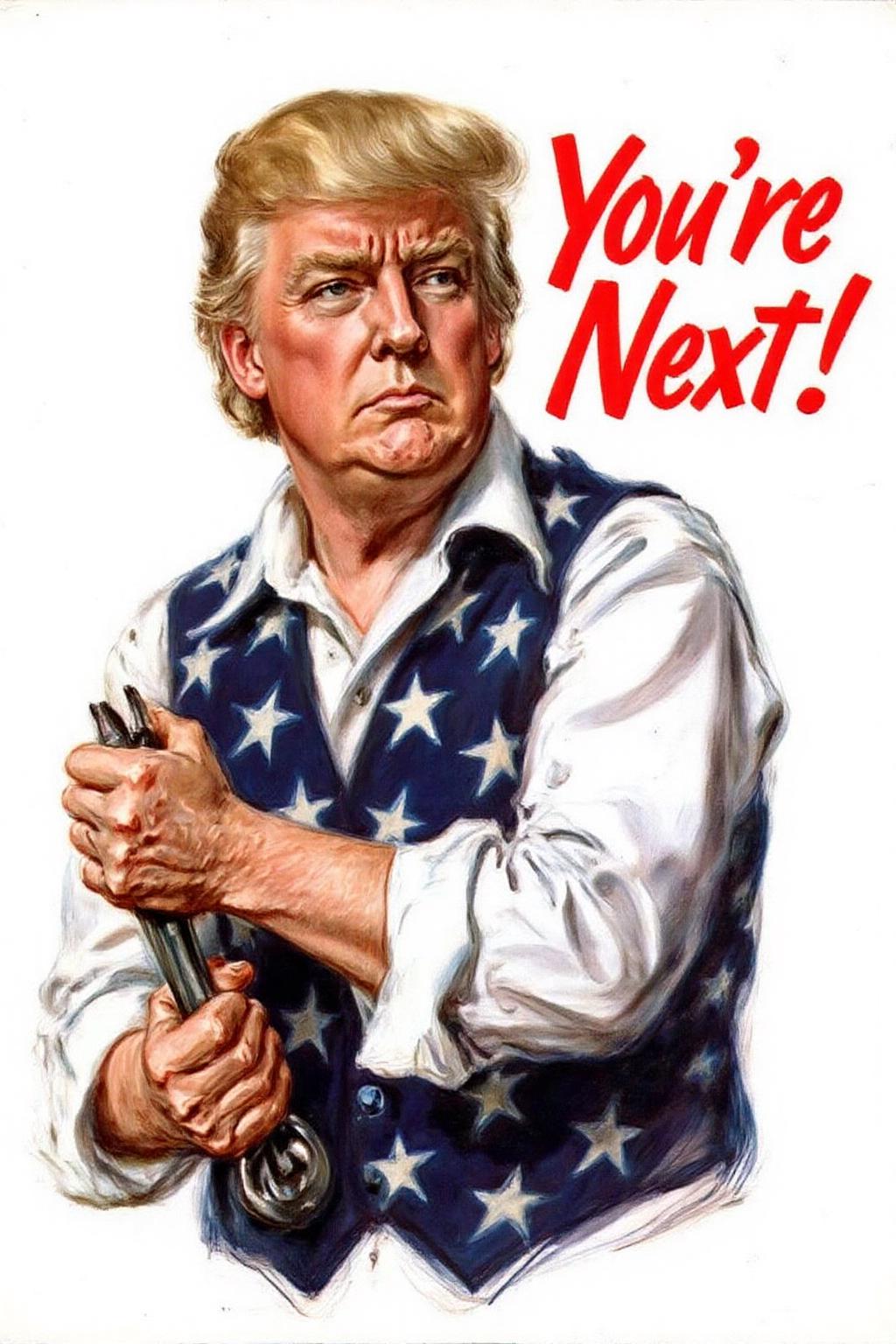 jamesmontgomeryflagg1 illustration. 
 WW2 Poster. Closeup of Donald Trump, wears a white shirt and a vest adorned with stars,s. He is swinging a large wrench in his hand. The background is plain white. To the right of the person, bold red text reads "You're Next!" <lora:jamesmontgomeryflagg1_cap_d8a4e12:1.0><lora:859145255423887380:0>
