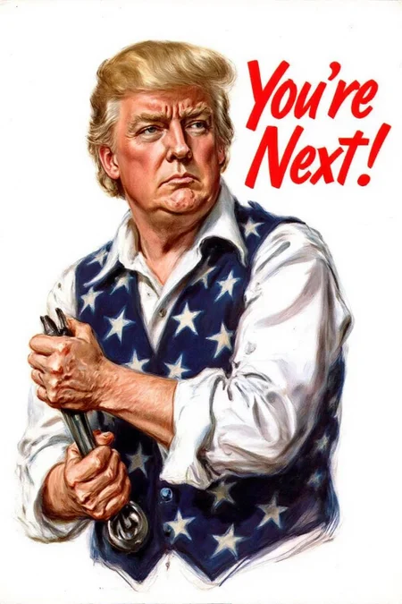 jamesmontgomeryflagg1 illustration.
WW2 Poster. Closeup of Donald Trump, wears a white shirt and a vest adorned with stars,s. He is swinging a large wrench in his hand. The background is plain white. To the right of the person, bold red text reads "You're Next!" <lora:jamesmontgomeryflagg1_cap_d8a4e12:1.0><lora:859145255423887380:0>