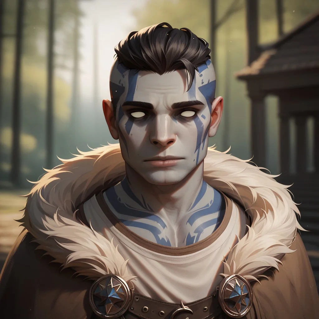 (((detailed, beautiful, high quality))), upper Body, score_9, score_8_up, score_7_up,
goliath, empty eyes, gray skin, stone skin, , body tattoo, face tattoo,
1male, black hair, blue tattoos, fur cape, brown cape, medieval T-shirt,
looking at the viewer, posing, blurred background, blurred fantasy background,