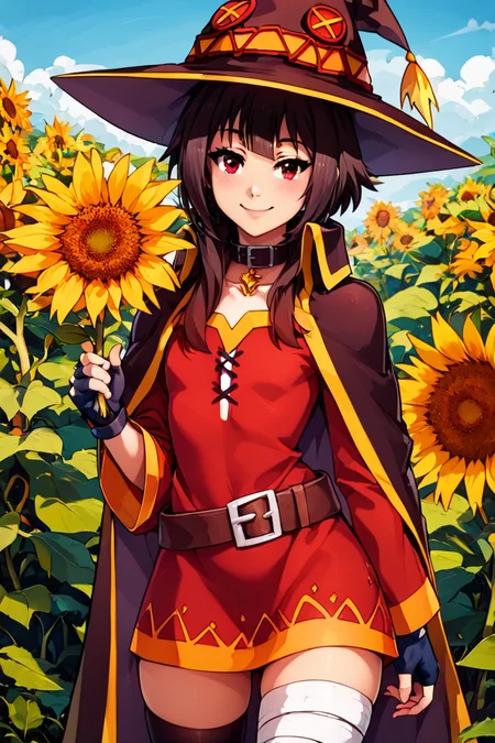 score_9, score_8_up, score_8, medium breasts, (curvy), cute, eyelashes, BREAK, , BREAK, <lora:konosuba-megumin-s2-ponyxl-lora-nochekaiser:0.7>, megumin, short hair, black hair, red eyes, short hair with long locks, thighhighs, gloves, hat, dress, black gloves, belt, black thighhighs, fingerless gloves, cape, collar, witch hat, bandages, red dress, single thighhigh, asymmetrical legwear, bandaged leg,, zzSunflower, upper body, outdoors, hand up, portrait, one eye covered, yellow flower, holding flower, <lora:Sunflower_PDXL_v2:0.8>, <lora:CatalystStylePDXL:0.6>, , BREAK, smile, looking at viewer, cowboy shot, embedding:zPDXL, Expressiveh, <lora:SDXLFaeTastic2400:0.5>, <lora:Expressive_H-000001:0.4>,