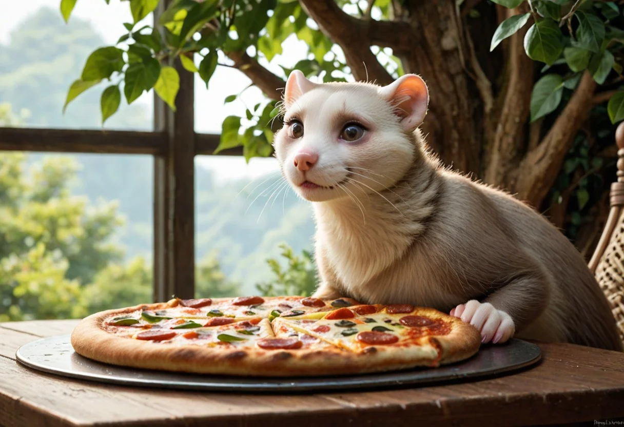 score_9, score_8_up, score_7_up, score_6_up, score_5_up, score_4_up, fur, animal weasel, g5, rich colors, front view, detailed background, detailed, 8k quality, side view, beautiful, teasing, freely actions, small, sausage tree, flying pizza like a marten, pizza, weasel, ferret,