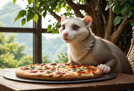 score_9, score_8_up, score_7_up, score_6_up, score_5_up, score_4_up, fur, animal weasel, g5, rich colors, front view, detailed background, detailed, 8k quality, side view, beautiful, teasing, freely actions, small, sausage tree, flying pizza like a marten, pizza, weasel, ferret,