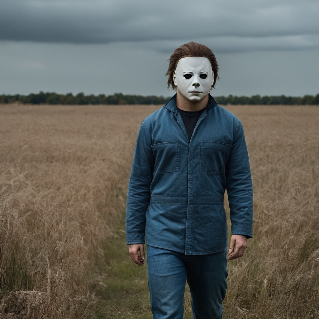 Horror-themed,  <lora:Michael Myers:0.8>
Michael Myers a man in a blue shirt and a white mask walking on field,Halloween style,solo,brown hair,shirt,1boy,jacket,upper body,male focus,outdoors,sky,collared shirt,cloud,black shirt,mask,cloudy sky,grass,blue shirt,pocket,breast pocket,grey sky , hdr, realistic, sharp, detailed, classic, 1970's, horror, photography, artistic, perfect knife, crazy, Eerie, unsettling, dark, spooky, suspenseful, grim, highly detailed