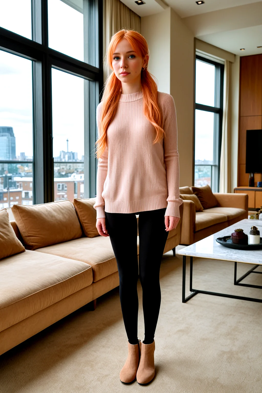 <lora:pytorch_lora_weights_361535:1>,<lora:Skin Color_alpha1.0_rank4_noxattn_250steps:0.3>,full body,
A amateur street photography of a 24 yo old Women,solo,light Blue eyes,(extra long pastel peach hair),wavy hairs Sleek Ponytail , despair,(thin body:1.1),flat chest bouncing breasts,flat_ass,petite,,kawaii,earrings,freckles,,
Dressed in Soft College Layers, loose beige knit sweater over a white shirt, black leggings, brown Chelsea boots,
Luxury Penthouse Living Room, a sophisticated luxury penthouse living room with floor-to-ceiling windows offering panoramic views. Plush velvet sofas, a marble coffee table, and rich wood accents are paired with elegant lighting fixtures and abstract artwork.,, Masterpiece,best quality,realistic,HDR, 8K, masterpiece, best_quality, absurdres, ultra-detailed, highly_aesthetic, depth_of_field