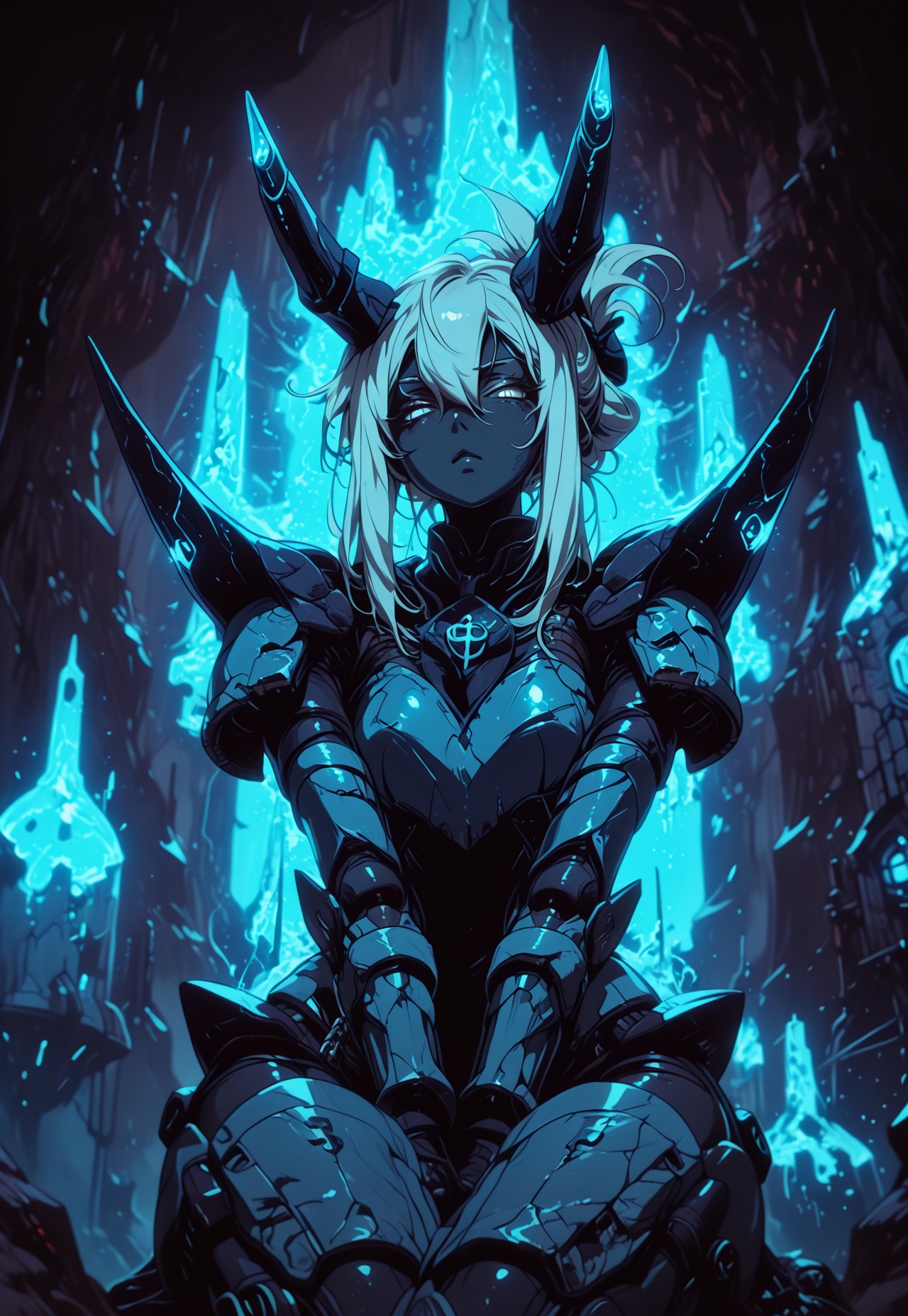IllusP0s, 
1girl, solo, monster girl, Soldier Beetle, arthropod girl, arthropod limbs, (black skin:1.3), armored skin, colored sclera, blue sclera, white eyes, folded ponytail, hair between eyes, very long sidelocks, 
blue power armor, nude, blue headgear, wavy horns, floating blue shield, multiple shields, 
from below, thigh focus, crossed legs, v arms, looking at viewer, wince, 
dynamic pose, dynamic angle, dynamic composition, 
underground castle, cave, dark background, 
volumetric lighting, deep shadows, partially illuminated, depth of field, 
S4bit4mago_illu, GLSHS, asthtc2, film_grain, 