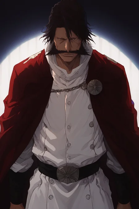 score_9, score_8_up, score_7_up, masterpiece, high quality, detailed, morning (bright:1.2)
1man, pronounced cheekbones, white uniform, huge mustache, broad chin, dark brown hair, long black hair, long nose, brown eyes, a single large button, black belt, maroon-black cloak <lora:yhwach:1> looking at viewer,
<lora:Sinozick_Style_XL_Pony:0.7> sinozick style, bleach\(series\) upper body, cinematic lighting, close-up, <lora:incase-ilff-v3-4:1>