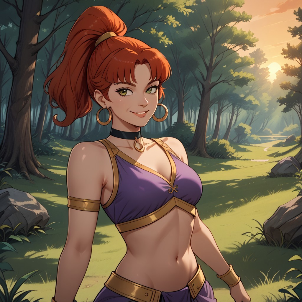 score_9, score_8, BREAK, Jeannie, red hair, hair in a high ponytail, hoop earrings, black choker, wears a purple Genie outfit with green highlights, midriff, crop top, navel, brown shoes, sexy pose, self portrait, smile, outdoors, sunlight, shadows, evening lighting, natural lighting, forest, trees, grass, orange sky, sunset