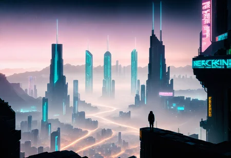 RAW photo, high quality <lora:Cityscape_From_Above_Concept_Art_VW_Style:0.6> cyberpunk of a huge <lora:INWYTK_01:0.8> inwytk01illus, <lora:Neon_Scene:1.0> neonscene,<lora:Biol:0.9> ais-blmn, <lora:CW_03beta_xlc:0.5> downtown, evening vast city with tall cliff, in <lora:Clean_Minimalist:0.1> minimalistic, flat color, no lineart, silhouette, simple bright background, featuring <lora:Aether-000009:0.2>,<lora:galaxie:0.7> galaxy, starry sky, no humans