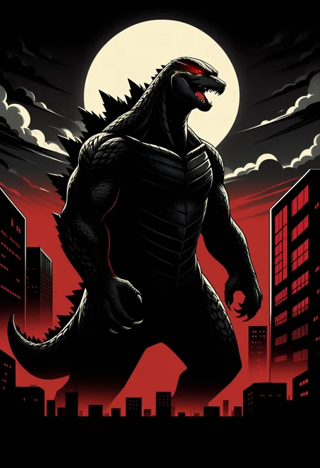 score_9, score_8_up,score_7_up, <lora:lnrnr_pdxl_EliPot_r1:1>,
high contrast, shadow, godzilla, kaijuu, full moon, giant, city, red sky, sharp teeth, tail, red eyes, glowing eyes, building, no humans, night sky, monster, claws, open mouth, skyscraper, dark, cityscape, tokusatsu, cloud, outdoors, fangs, standing, silhouette, spikes, scales, skyline, red theme, cloudy sky, limited palette