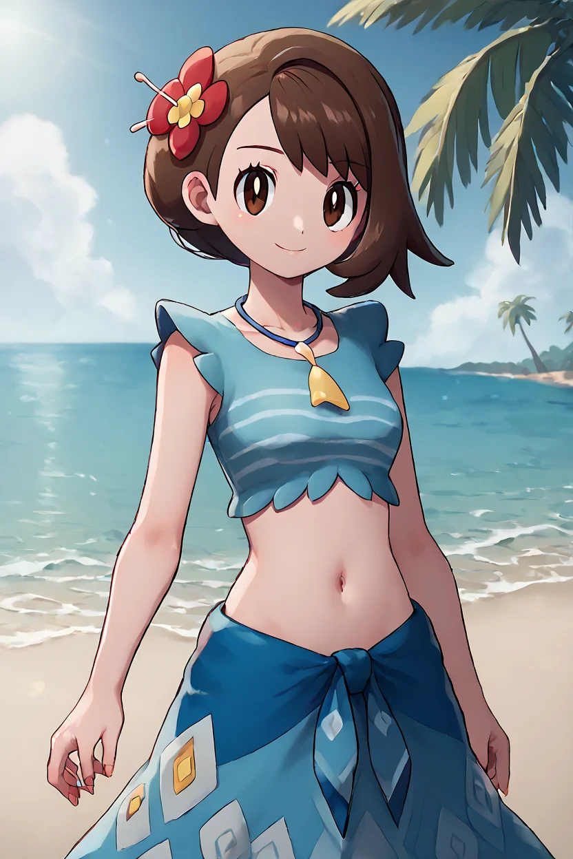 high resolution, highly detailed, perfect lighting, beautiful detailed eyes, ((masterpiece,best quality)), absurdres, smile, solo, <lora:Gloria_Pokemon_P1:1>, gloria (pokemon), gloriaSummer, blue sarong, blue shirt, hair flower, jewelry, navel, necklace, official alternate costume, curvy, Delfino_Plaza, small fruit stand, pineapples, coconuts, palm tree,