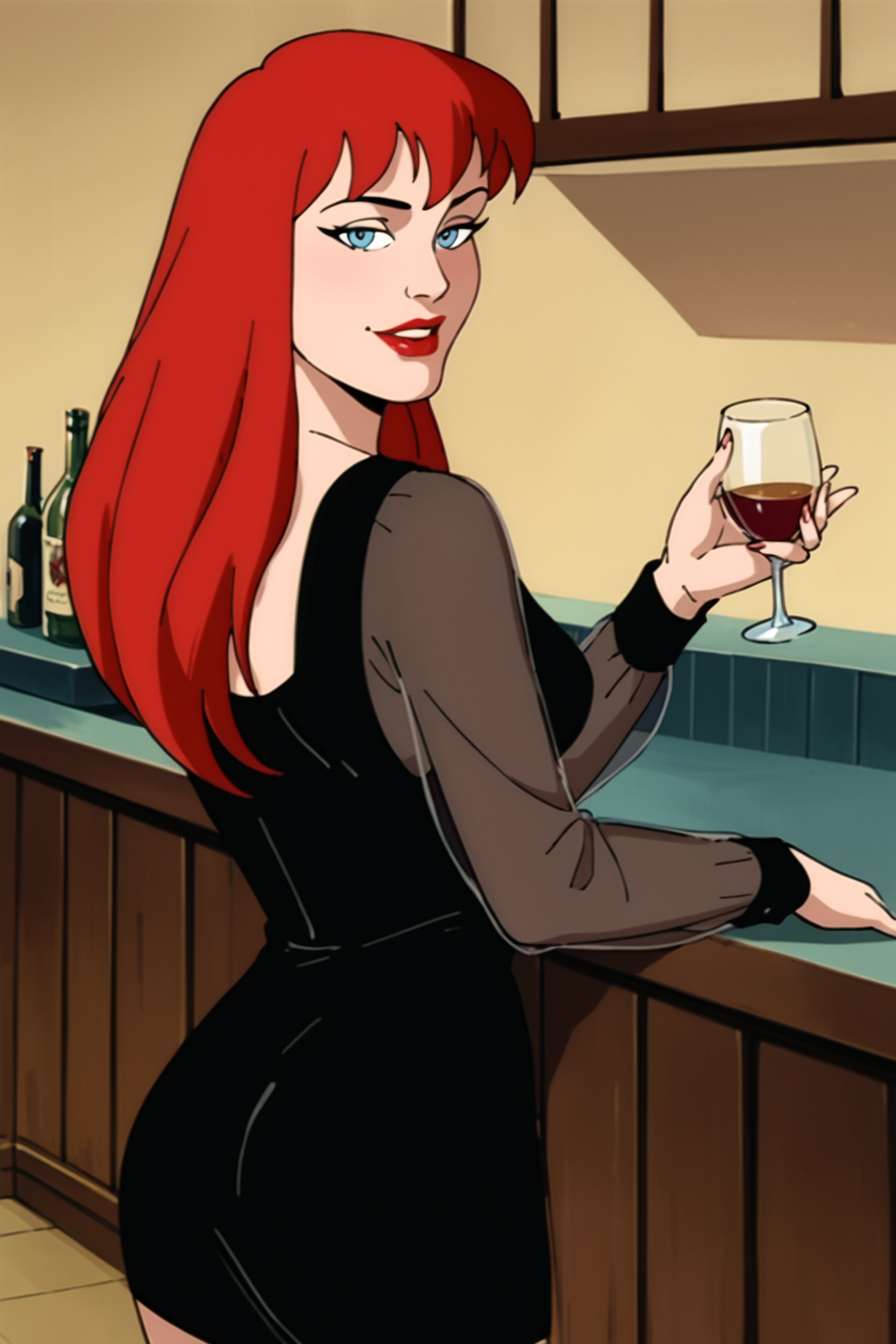 PonyXLV6_Scores, ((retro artstyle, parody), perfect anatomy, perfect eyes) <lora:add_details_xl:1> BREAK <lora:MJ90s:0.8> mary jane watson, long hair, red hair, lipstick, red lips, blue eyes, sultry eyes, naughty face, half- closed eyes, drunk, ((looking back at viewer)), dress, black dress, see-through, long sleeves, arched back, teasing viewer, standing, relaxing at luxurious bar, legs crossed, flirting with viewer, indoors