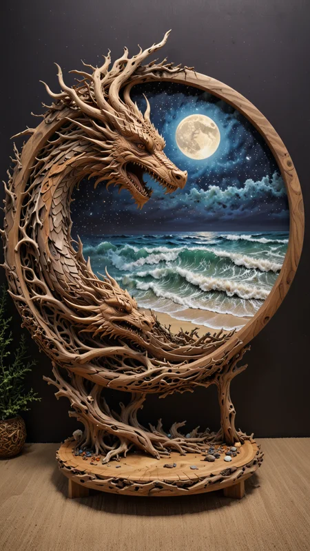 round plate on a display stand, hand Carved, 3D Seascape, abstract art, Carving, Ultra Intricacies, EPIC, <lora:3D_Framed_Wall_Art_-_By_DICE:0.4>, (3D Framed, Plate), <lora:Driftwood_Detailed_Art_-_By_DICE:0.8> , driftwood dragon, Painstaking Attention To Details, UHD, <lora:Milky-Way_Sky_-_By_DICE_For_Cosmogonaut:1>, Milky Way, Night sky