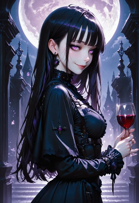IllusP0s,from side,cowboy shot,1girl,looking at viewer,light smile,H31r3ss,Goth girl,cute face,black hair,purple eyes,face focus,jewelry,body harness,standing,holding glass,wine glass,indoor,full moon,gothic <lora:H31r3ss:1> <lora:gg3:0.8>