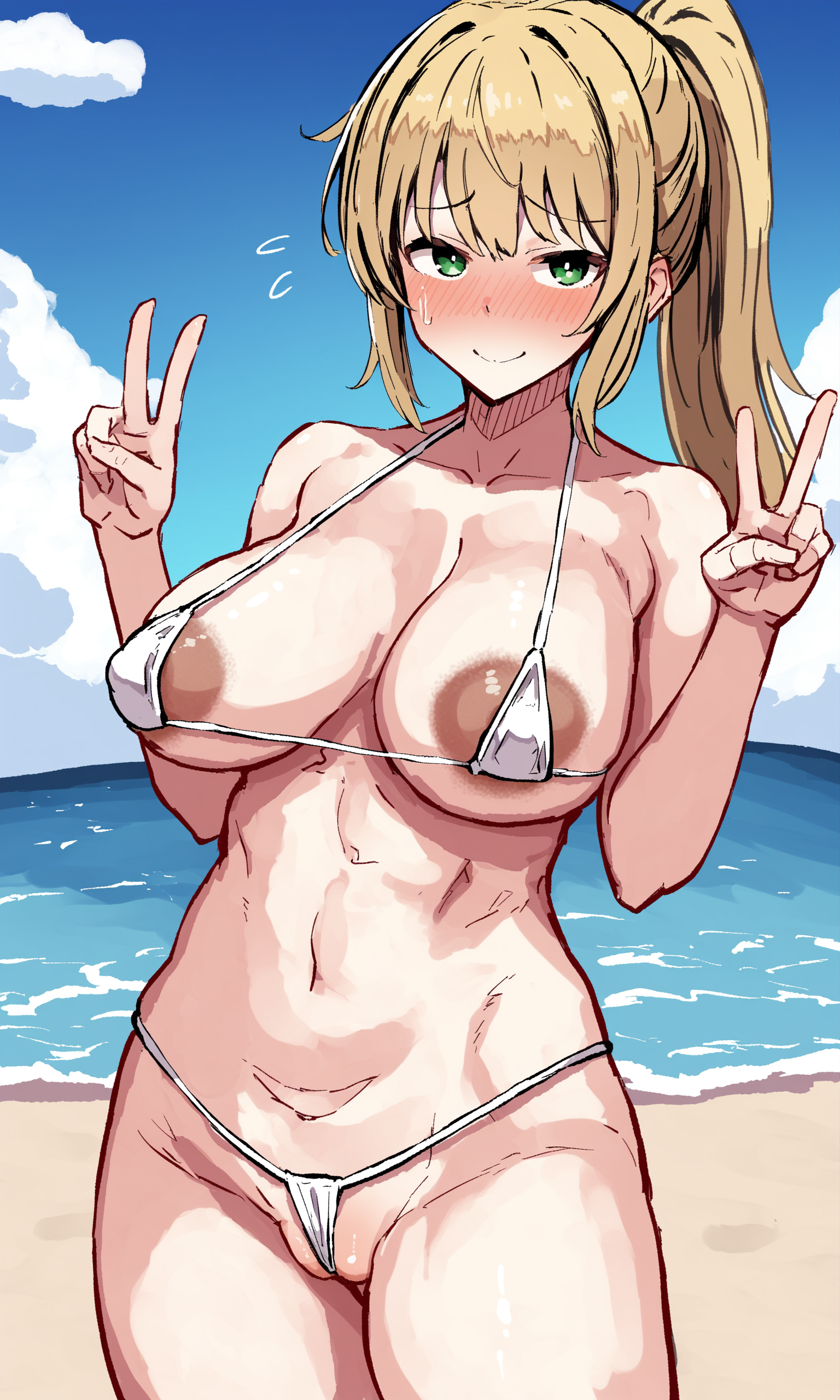 1girl, tarustyle, large_breasts, areola_slip, white_microbikini, blonde_hair, ponytail, green_eyes, pervert_face, embarrassed, smile, looking_at_viewer, double_v, beach, water, outdoors, sky, long_hair, partially_visible_vulva,