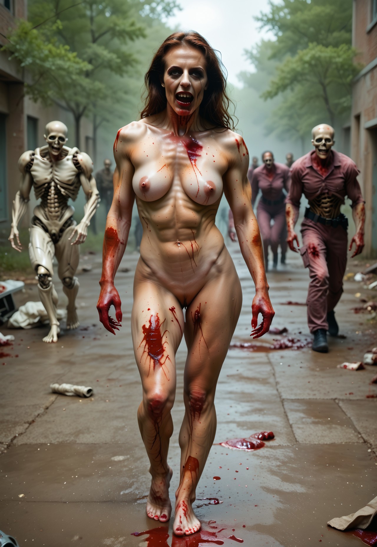 safe_pos, pale, tattered outfit, rotten, skeletal, photo score_9_up score_8_up score_7_up action scene movie stil zombies  horror action scene, big budget blockbuster,  gore, killed cannibals ,woman, , men ,happy to die, , 4girl  nude blood realistic dirty walking barefoot medium breasts nude nsfw blood undead ghouls, zombies ,living dead, detailed, huge breasts ,blood and guts and innards ,realistic ,nsfw, best quality,masterpiece ,4k uncensored, prefect lighting, rating_explicit, groups on blood undead hoards in background