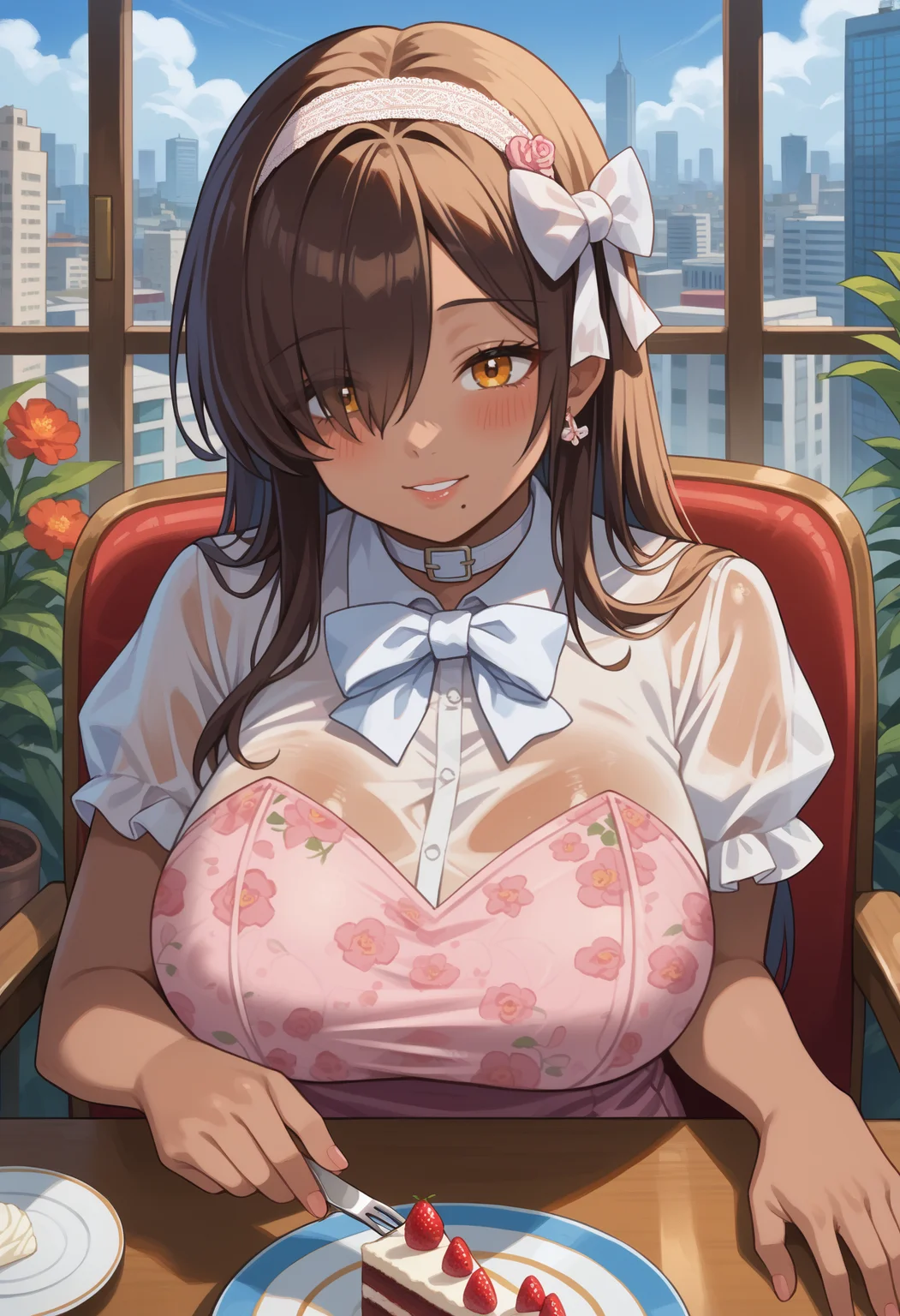 score_9,score_7_up,1girl,jelonagaed,huge breasts,dark-skinned female,amber eyes,brown hair,hair over one eye,hair intakes,long hair,mole under mouth,indoors,pov around table,chair,sitting,city,outdoors,cake slice,holding fork,white hairband,hair bow,white bow,white shirt,puffy short sleeves,see-through shirt,white choker,white bowtie,pencil pink dress,floral print,looking at viewer,happy,blush<segment:yolo-Anzhc Face seg 640 v2 y8n.pt,0.4,0.3//cid=1><segment:yolo-Anzhc Breasts Seg v1 1024m.pt,0.4,0.3//cid=2>