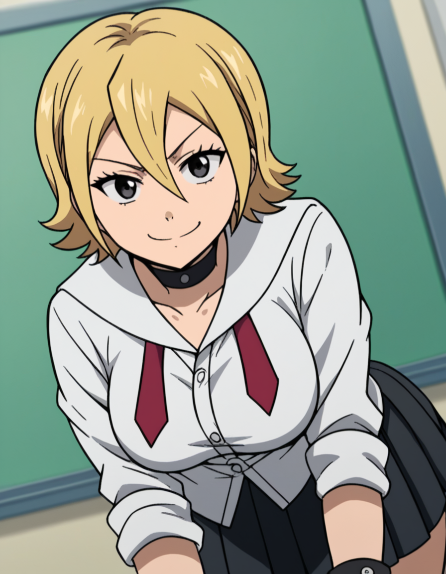 score_9, score_8_up, score_7_up, source_anime, <lora:hime-onizuka-s2-ponyxl-lora-nochekaiser:1>, hime onizuka, short hair, blonde hair, hair between eyes, black eyes, large breasts,, skirt, school uniform, pleated skirt, choker, wristband, sleeves rolled up, black skirt, pleated skirt,, indoors, bent over, smile, smug, looking at viewer, solo,, cowboy shot, dutch angle
