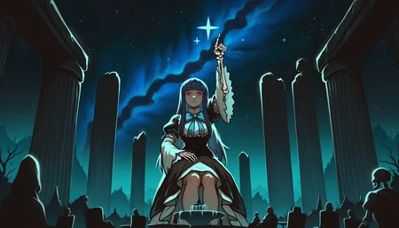 very awa, masterpiece, best quality, hightres, absurdres, pixelPaint, 1girl, giantess, frederica bernkastel, blue hair, long hair, blunt bangs, hime cut, goth fashion, chair, table, sitting, stars, galaxy, milky way, garden, fountain, ruins, pillar, statue, (skeletal hands:1.1), skeletal arm, arm up, pointing up, expressionless, looking at viewer, straight-on, surreal, dark skies, (fog:1.1), limited palette, (close-up:1.1), <lora:PixelPaintStylez-IL:1>