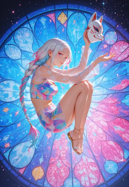 (cowboy shot), angle, floating, midair, negative space, surreal, reaching up, fetal position, fox mask, lips, sideways glance, looking at viewer, light smile,
Bright_illu, sparkle, too many light particles,
skirt, crop top, midriff, see-through,
multicolored hair, blue hair, white hair, single braid, very long hair,
shattered, stained glass, pastel colors,
detailed eyes, dynamic, masterpiece, best quality, amazing quality, absurdres