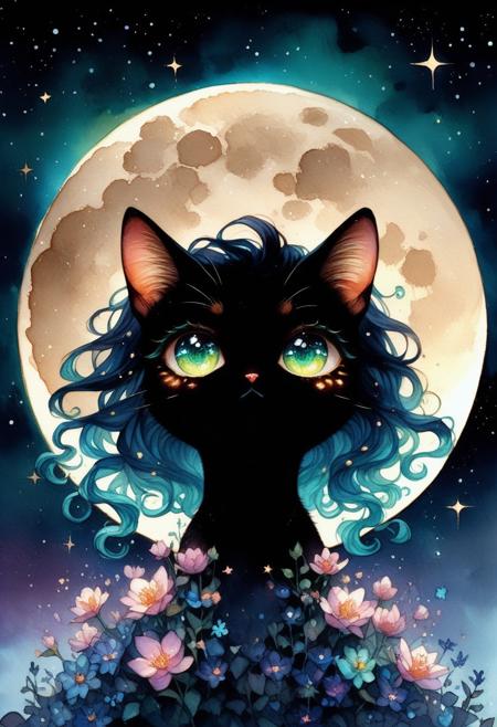 score_9, score_8_up, score_7_up,source_anime,
1cat,Dark night scene,silhouette of a cat sitting on the moon,crescent moon in the sky,turquoise hues,stars,dreamlike atmosphere,glowing edges,mystical,high contrast,ethereal light,detailed textures,whimsical, ((watercolor painting)),eyesHD, high gradient eyes, detailed eyes, high definition eyes