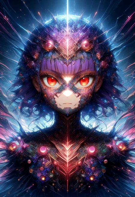 score_9, score_8_up, score_7_up, sfw, wm_cyber, 
delicate patterns, bright colors, vivid, full color, 
1girl, Yatsu_Murasaki, Murasaki_yatsu, 1woman, purple hair, hime cut, red eyes, armor, warrior, close up, focus on face, 
outdoors, landscape, mountains, futuristic, cyber, neon lights, night, black sky,