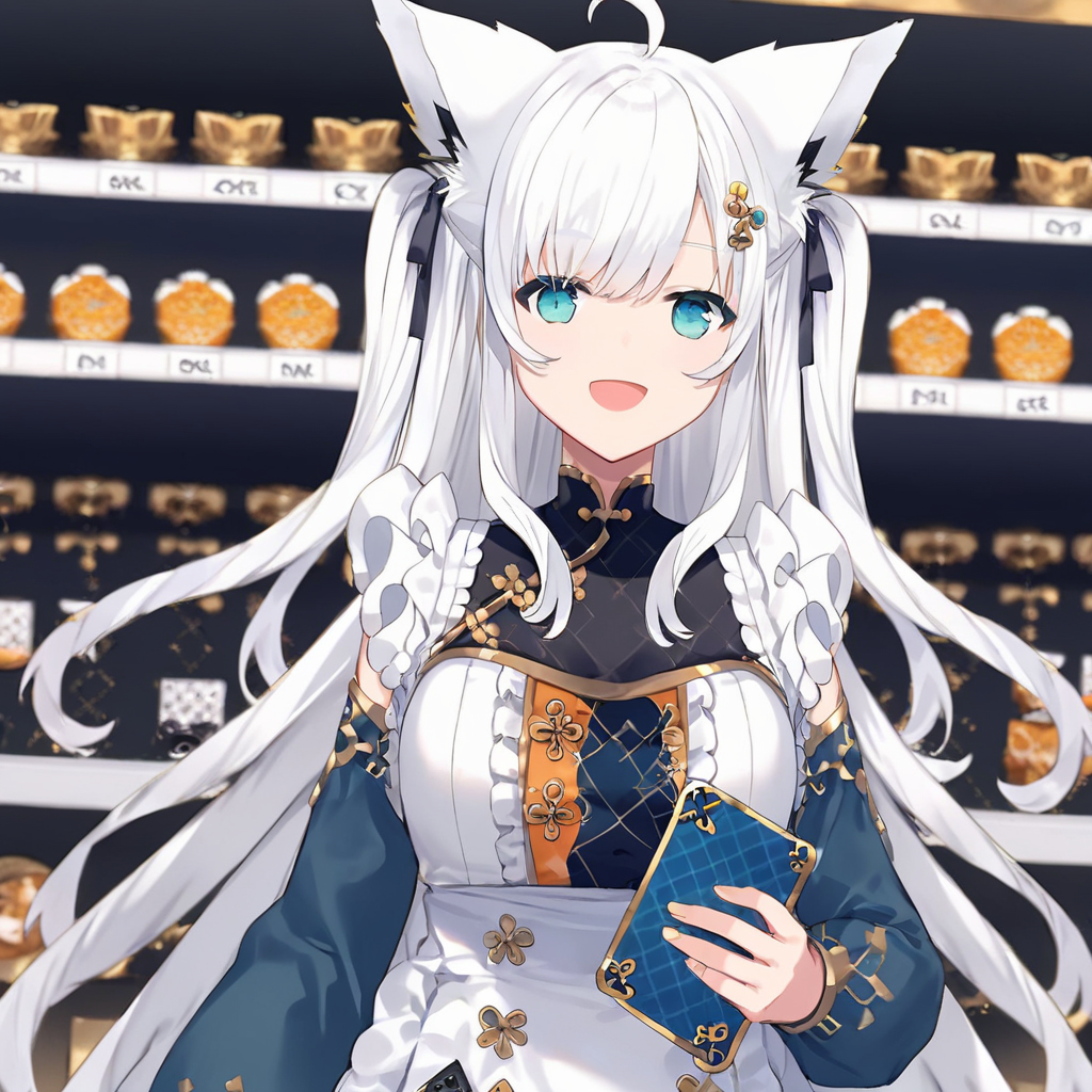 core_9,score_8_up,score_7_up,source_anime,1girl,high res image,masterpiece,best quality,(girl:1),cute face,clear skin,shiny hair,<lora:Shirakami_Fubukiç½ä¸ããã­hololiveVtube:0.8>,fubuking_sai,fox ears,two side up,white thighhighs,ahoge,braid,black thighhighs,smile,open mouth,fox tail,<lora:cnv3mdde878c738thn20:0.8>,card,card shop,smug,holding card,holding book,