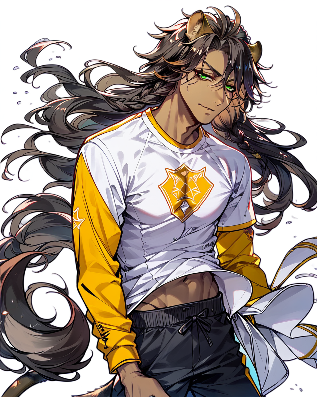 <lora:Leona KingscholarPDXL_v1:1>1boy, Leona KingscholarPDXL, solo, shirt, black pants, tail, pants, looking at viewer, sportswear, <lora:Line Art Style SDXL_LoRA_20r_20e_8i_nr32_a16_Pony Diffusion V6 XL:0.8><lora:Expressive_H:0.8> ExpressiveH score_9, score_8_up, score_7_up,