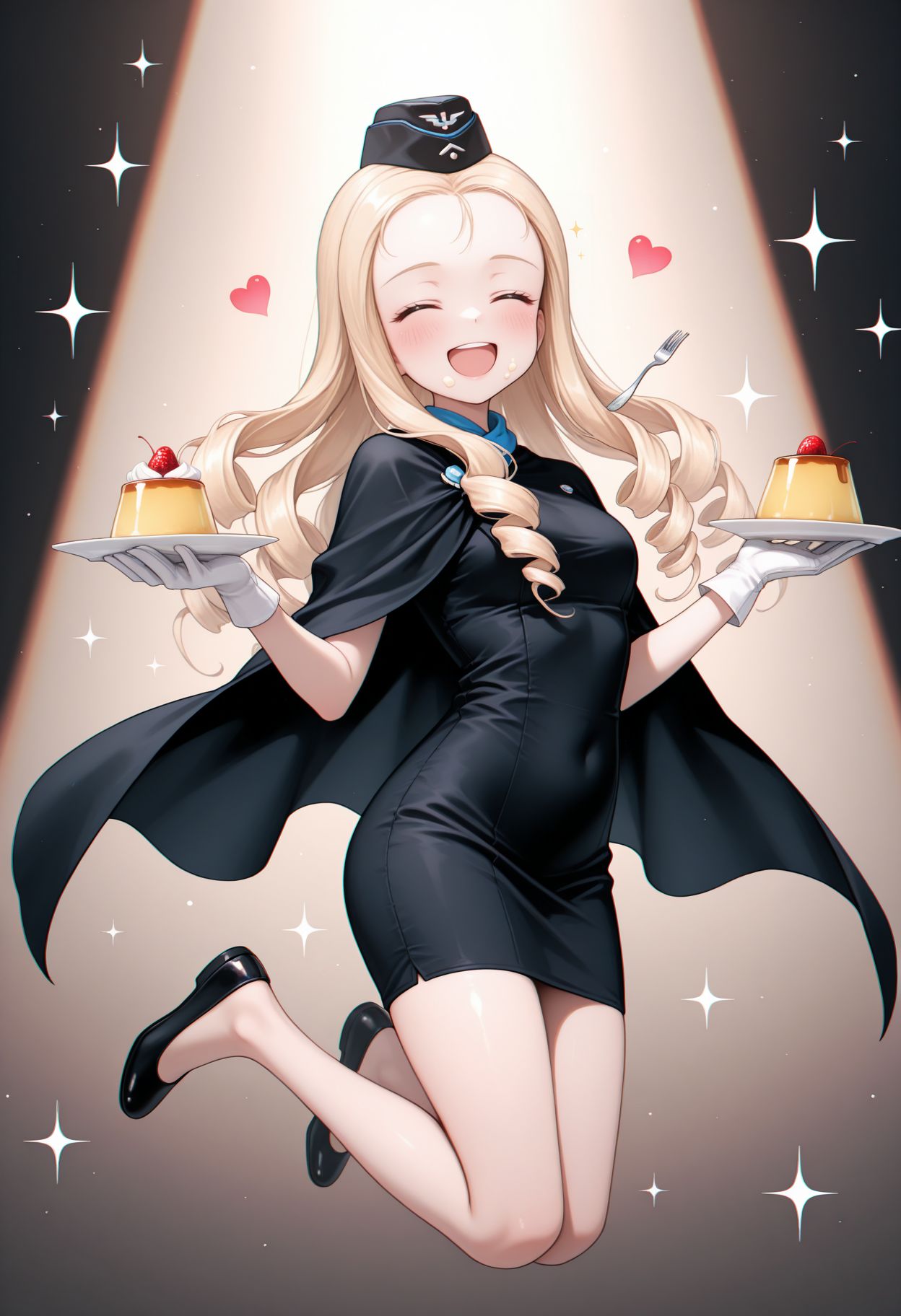 masterpiece,best quality,absurdres,highres,very aesthetic,high quality,detailed,insanely detailed,beautiful,perfect lighting, looking at viewer,
 <lora:Marie (gup) illu:1> 1girl, food on face, long hair, flats, black dress, hat, heart, white gloves, blonde hair, holding fork, closed eyes, black footwear, open mouth, floating, black cape, smile, cake, sparkle, holding plate, drill hair, black headwear, full body, pudding, short dress, shoes, blush, chromatic aberration, jumping, garrison cap, eating, travel attendant, medium dress