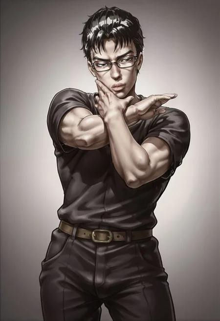 1boy, chigyu, chgy, glasses, ugly man, black-framed eyewear, glasses, lips, black eyes, black hair, nose, weak chin, short hair, narrowed eyes, <lora:chigyu_illustrious:0.8>,
jojo pose, araki hirohiko \(style\), cowboy shot,