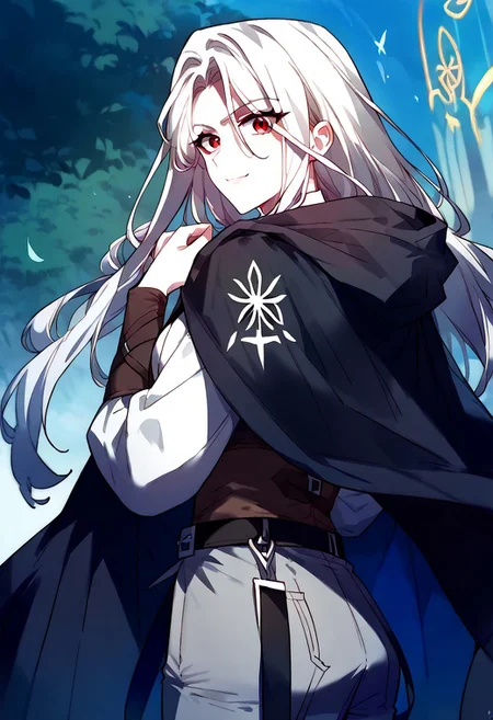 zPDXL3, score_9_up, score_8_up, score_7_up, (Anime_source), 1girl, Laila, red eyes, white hair, long hair, Laila clothes, pants, shirt, cape, belt, looking at viewer, smile, closed mouth, upper body, (looking back)