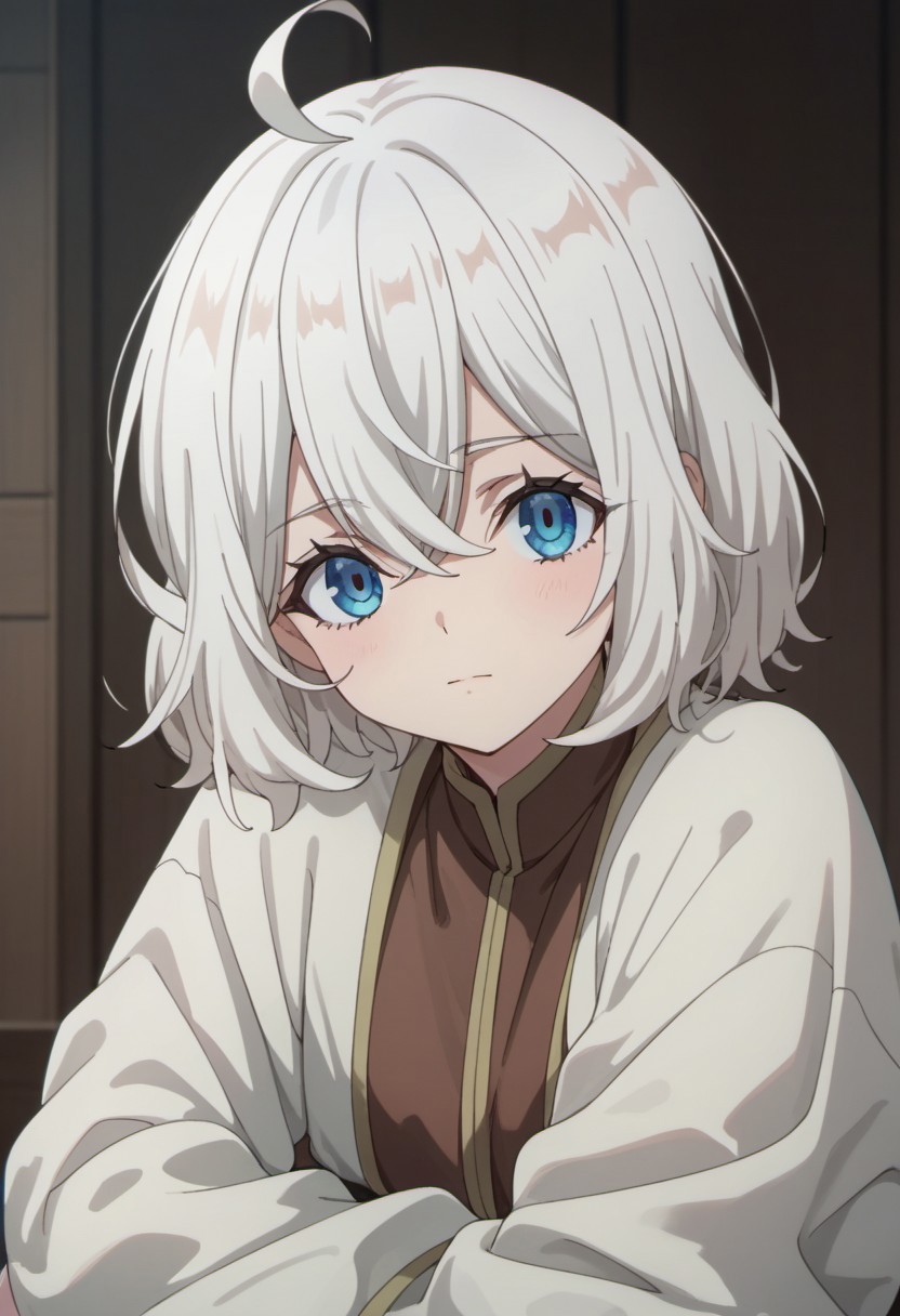 score_9, score_8_up, score_7_up, source_anime, leeche lynn, white hair, blue eyes, short hair, solo, looking at viewer, ahoge,  closed mouth, long sleeves, 1girl, hair between eyes
