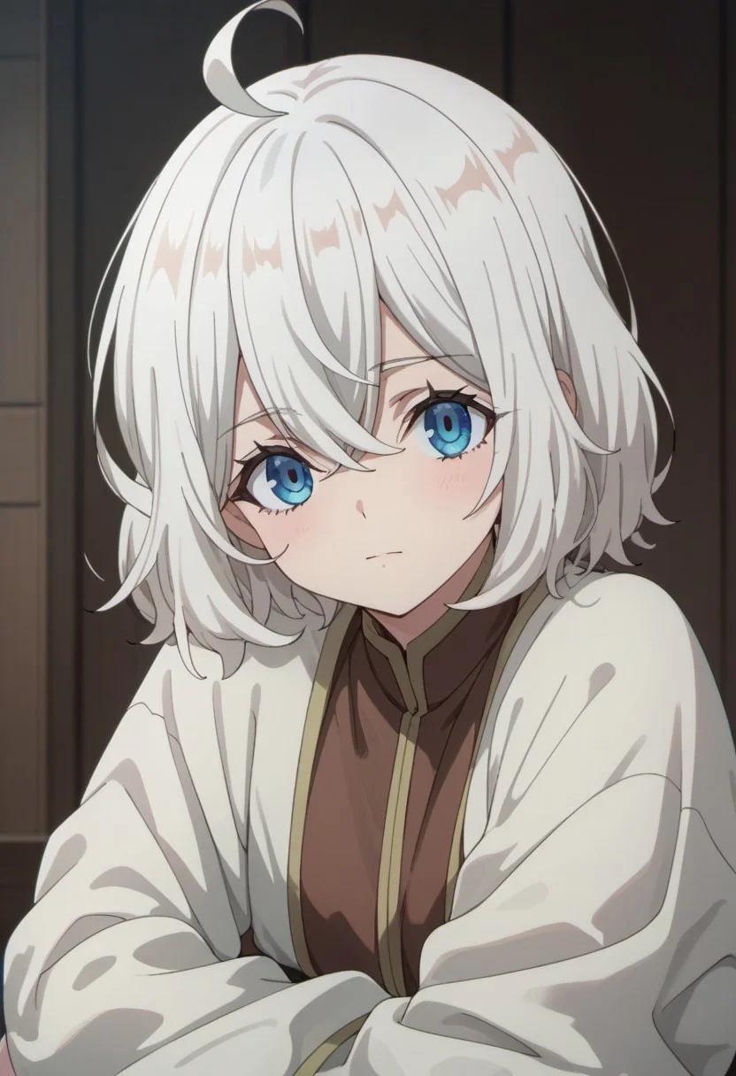 score_9, score_8_up, score_7_up, source_anime, leeche lynn, white hair, blue eyes, short hair, solo, looking at viewer, ahoge, closed mouth, long sleeves, 1girl, hair between eyes