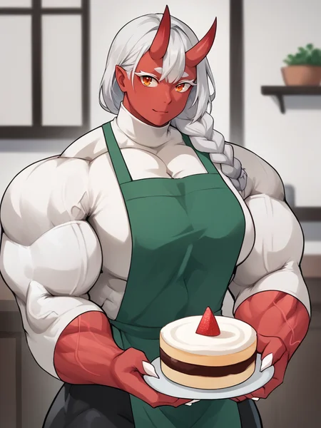 Score_9, score_8_up, score_7_up, score_6_up,, upper body, looking at viewer, solo, 1girl, cowboy shot, source_anime, BREAK, mature female, mature face, muscular female, huge muscle, big breasts, BREAK, Oni, colored red skin, horns, silver hair, single braid, BREAK, white turtleneck sweater, long sleeves, green apron, black pants, <lora:MusctonkXL:1>, BREAK, , colored silver eyelashes, holding cake, white eyelashes, muscle veins, embarrassed, white claws, triangle mouth