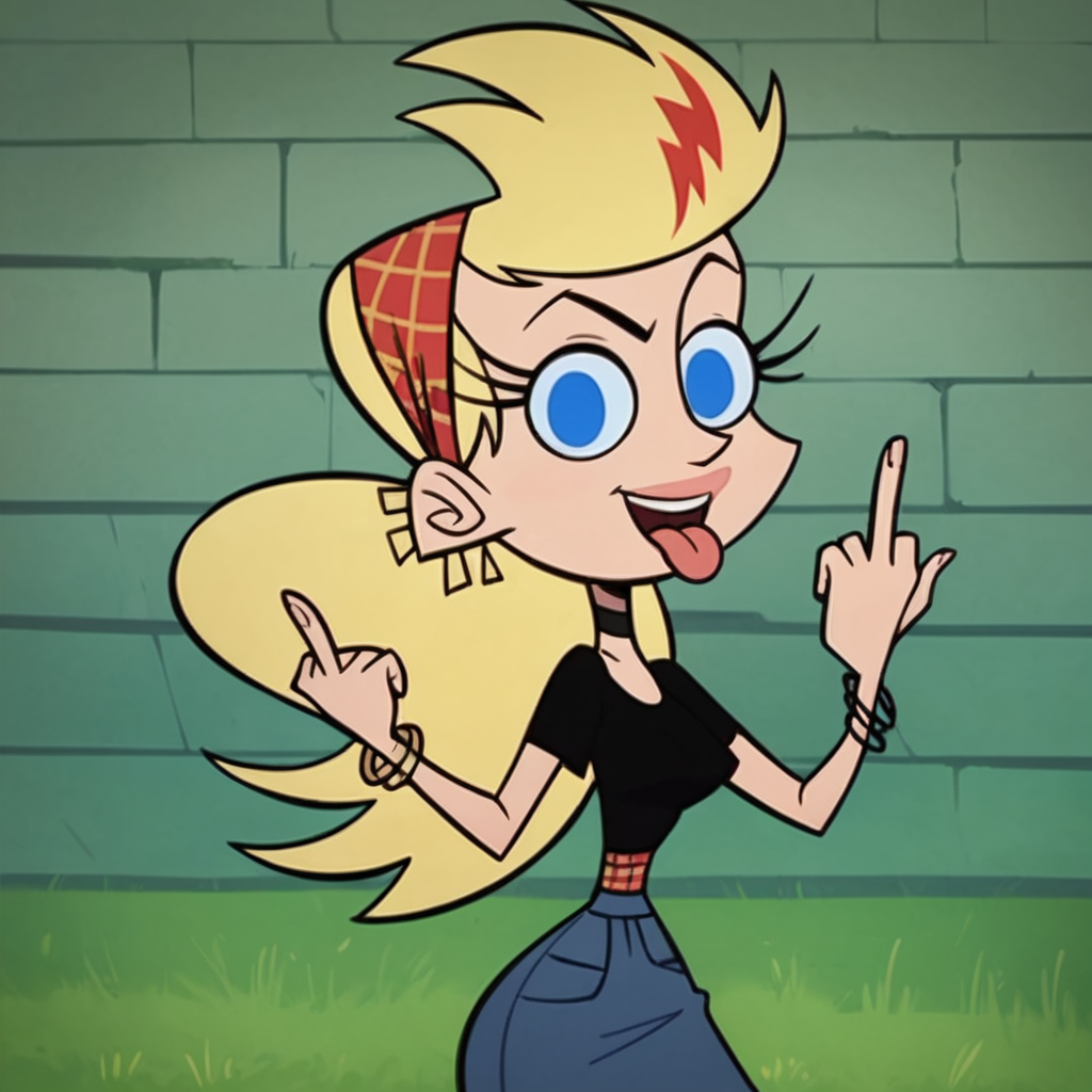score_9, score_8_up, score_7_up, 1girl, blonde hair, long hair, head scarf, jewelry, blue eyes, medium breasts, narrow waist, wide hips, looking at viewer, middle finger, tongue out, fca style, toon \(style\), <lora:Sissy_Blakely:1>