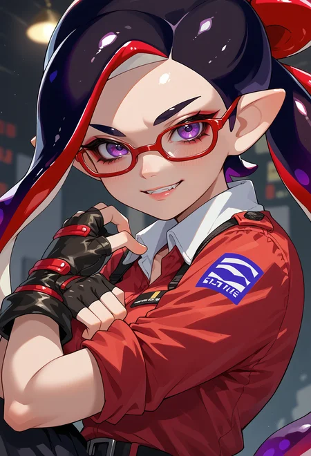 score_9, score_7_up, source_anime, BREAK <lora:SplatoonInkling_PD_v030:1> splatoon inkling, tentacle hair, mask,, smug smile, 1girl, purple eyes, red-framed eyewear, black hair, red colored tips, red streaked hair, very long hair, side ponytail, tied hair, medium breasts, red colored tips, sleeves rolled up, fingerless gloves, multiple belts, combat boots,