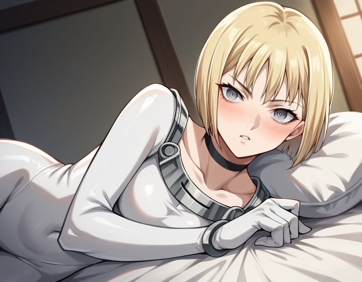 score_9, score_8_up, score_7_up, source_anime,
claymoreclaire, <lora:claymore-claire-s1-ponyxl-lora-nochekaiser:1>,
claire, short hair, blonde hair, grey eyes, bob cut, pale skin, white skin, ringed eyes,
choker, bodysuit, white bodysuit, collarbone, long sleeves,
indoors, bed, bed room, on side, blush, drunk,
solo, looking at viewer, cowboy shot, dutch angle,