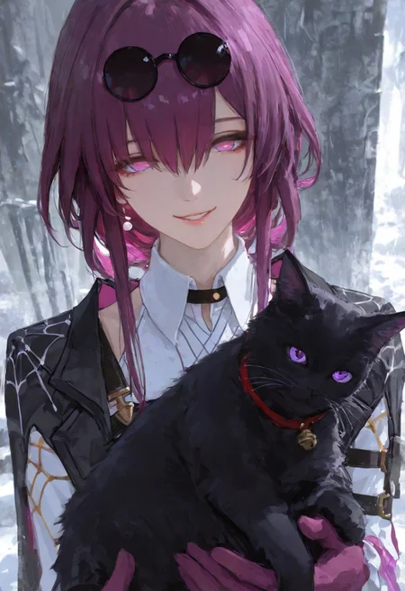 (
xbsx,
:1.25), (wlop, solipsist, xilmo:0.8), (realistic:0.7),
1girl, kafka \(honkai: star rail\), purple hair, purple eyes, black cat, animal, smile, looking at viewer, long hair, upper body, holding animal, hair between eyes, parted lips, 
 newest, very awa, masterpiece, highres, absurdres, year 2024,