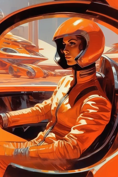 <lora:Syd Mead Style:1>Syd Mead Style - Expressive concept art of an attractive young racing driver in vintage leather orange fashion in a futuristic car looking at the viewer