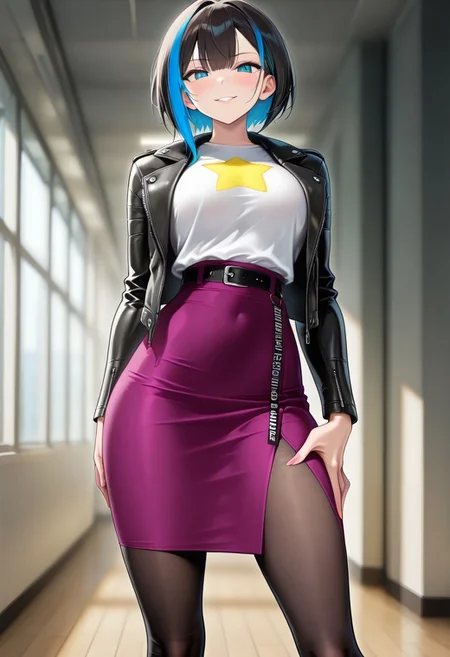masterpiece, good quality, best quality, dynamic view, original style, screencap, TDPstyle
Claudia, blue eyes, black hair, multicolored hair, black leather jacket, white shirt, star shirt, purple skirt, black leggings, medium breast,
(solo, seducing, sexy pose, dynamic pose, looking at viewer, aroused,)