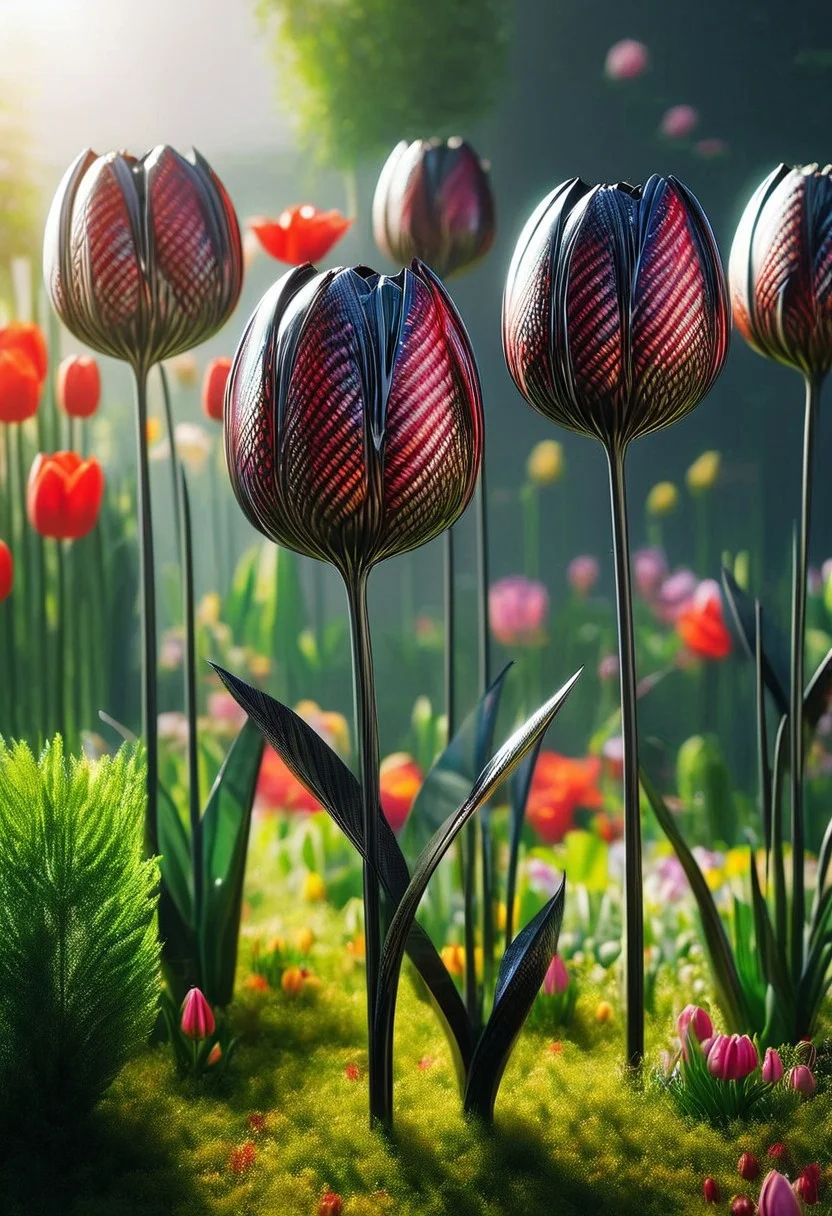 score_9, score_8_up, score_8, masterpiece, high detailed, very detailed, HD, best quality, hyper detailed, ultra detailed, super realistic, close-up, macro 100mm, macro photography,
cf_style, carbon red tulips, red and green color theme, , , , , , , , , , , , , textured composition, , , , , soft lighting,) Let it be a magical garden filled with exotic plants and bright buds. The background can be blurred to focus on the colors.
dynamic angle, dynamic lighting,