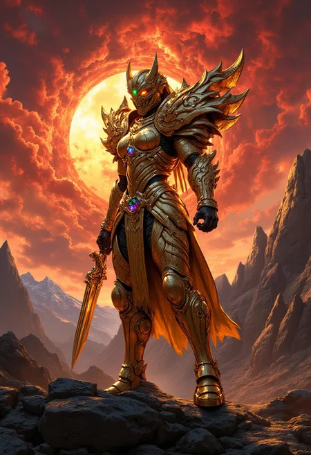 Against a backdrop of swirling crimson clouds and a blazing apocalyptic sky, a formidable figure stands in regal repose. Golden armor, engraved with mesmerizing, swirling patterns, In attack position envelops the female humanoid form, accented by sharp, wing-like protrusions on the shoulders and back. A shimmering, multicolored gemstone adorns the forehead, while a helmet covers the entire face.
The female humanoid bears a golden sword with gemstone details, from which a golden aura emanates.
The setting is an apocalyptic landscape amidst mountains and a large kennium