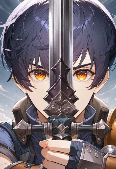 masterpiece, best quality, absurdres, highres, newest, solo, <lora:swordsalute-pose-richy-v1_ixl:1>swordup, looking at viewer, close-up, holding sword, <lora:joshuabright-illu-nvwls-v1:1> fcjsha, black hair, short hair, amber eyes, single shoulder pad, blue shirt, short sleeves, dark blue vest, single shoulder pad, bracers, fingerless gloves, 1boy, male focus