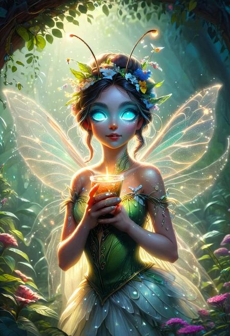 Glimmerborn, a small fairy covered in flowers, drinking a dew drop from a leaf