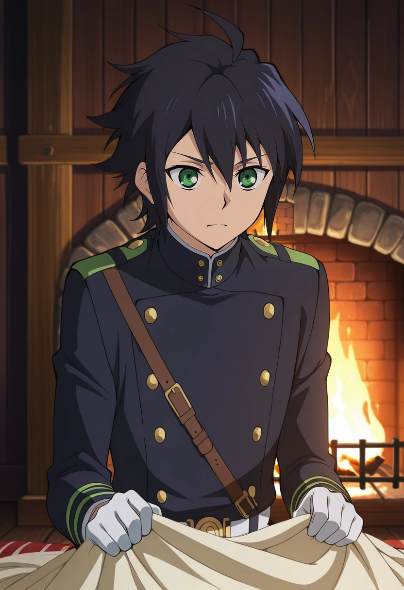 masterpiece, best quality, , anime screencap, anime coloring, official style, , 1boy, solo, male focus, <lora:yuuichirou_hyakuya_ilxl:0.96>, yuuichirou_hyakuya, black hair, green eyes, short hair, hair between eyes, ahoge, military uniform, white gloves, mountain lodge, wooden beams, seated by fireplace, wrapped in blanket, cozy expression, dim candlelight,